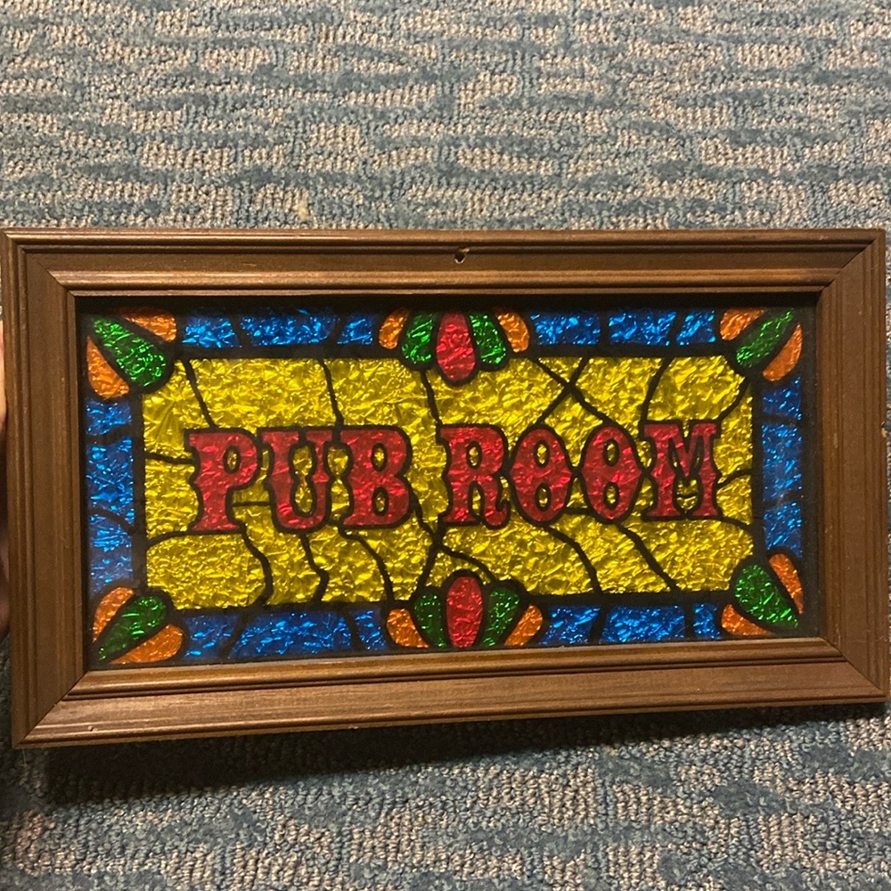 Vintage 1970's PUB ROOM Bar Tavern Sign Wood Framed FOIL Stained Glass 14”x8”